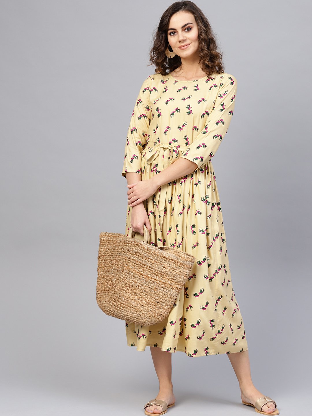 Women Beige & Magenta Printed A-Line Dress | LASVINI - Redefining Indian Fashion with Elegance