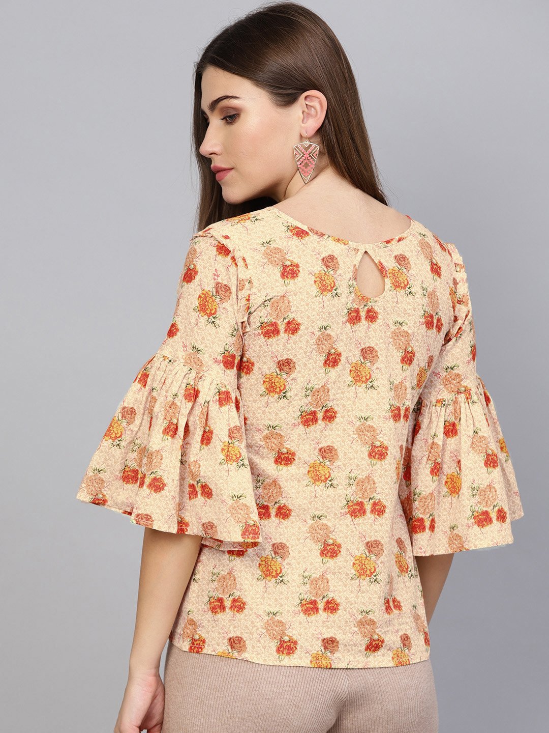 Women Cream-Coloured & Orange Printed Top | LASVINI - Redefining Indian Fashion with Elegance