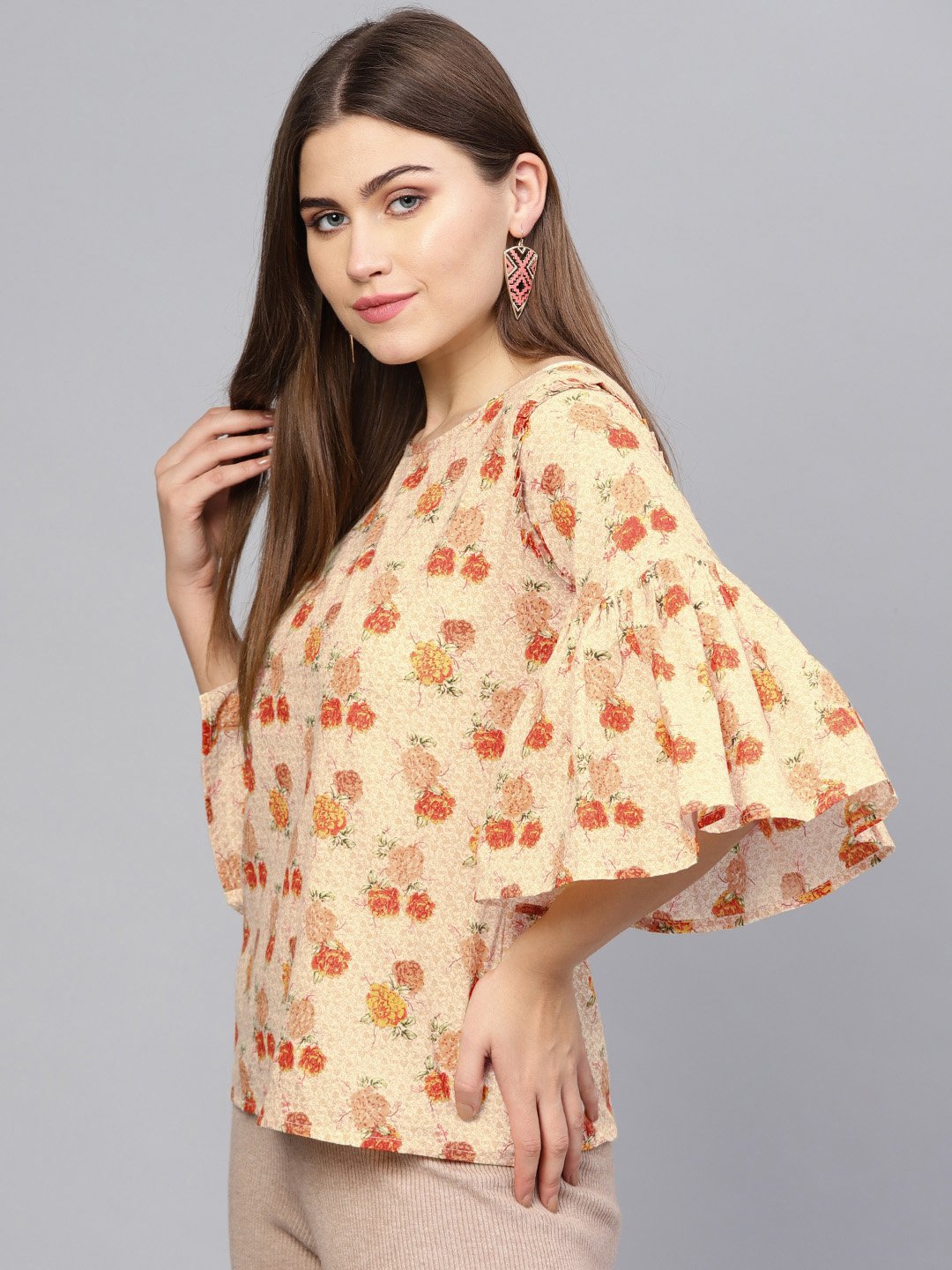 Women Cream-Coloured & Orange Printed Top | LASVINI - Redefining Indian Fashion with Elegance