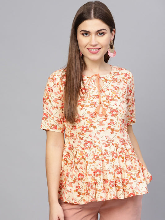 Women Cream-Coloured & Pink Printed Peplum Top | LASVINI - Redefining Indian Fashion with Elegance