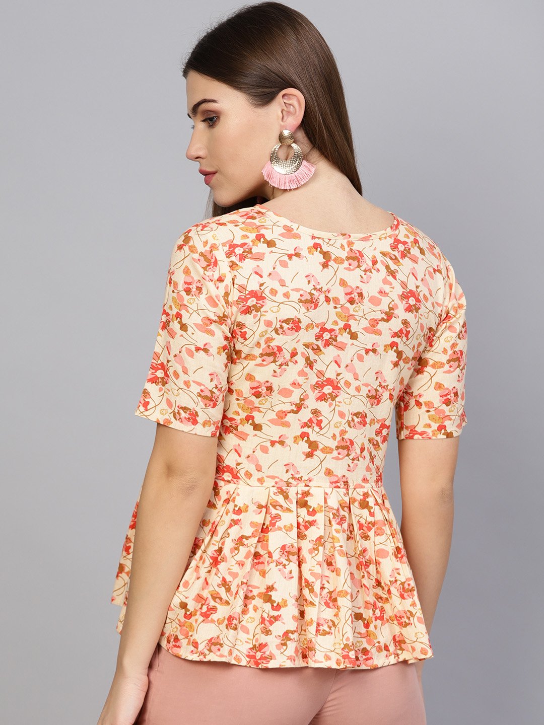 Women Cream-Coloured & Pink Printed Peplum Top | LASVINI - Redefining Indian Fashion with Elegance