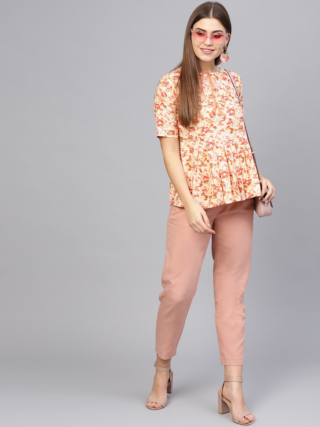 Women Cream-Coloured & Pink Printed Peplum Top | LASVINI - Redefining Indian Fashion with Elegance