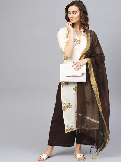 Women Cream-Coloured & Coffee Brown Printed Kurta With Palazzos & Dupatta | LASVINI - Redefining Indian Fashion with Elegance