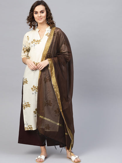 Women Cream-Coloured & Coffee Brown Printed Kurta With Palazzos & Dupatta | LASVINI - Redefining Indian Fashion with Elegance