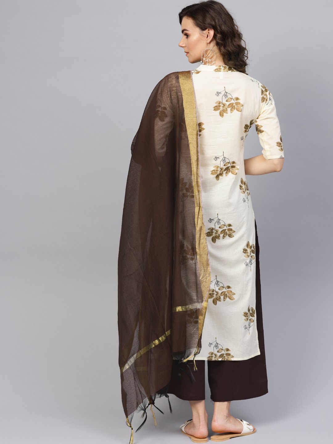 Women Cream-Coloured & Coffee Brown Printed Kurta With Palazzos & Dupatta | LASVINI - Redefining Indian Fashion with Elegance