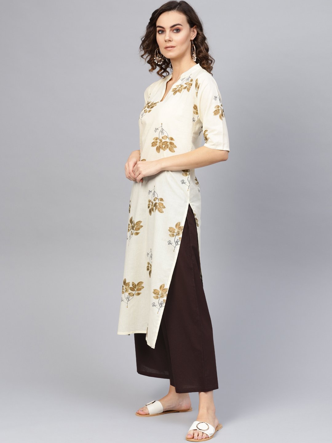 Women Cream-Coloured & Coffee Brown Printed Kurta With Palazzos & Dupatta | LASVINI - Redefining Indian Fashion with Elegance