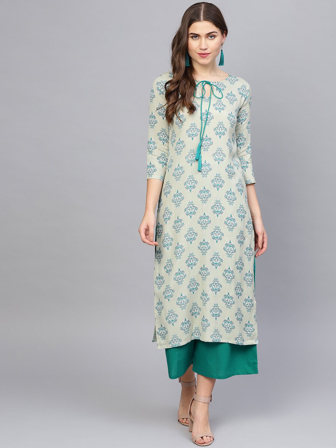 Women Green & Grey Printed Kurta With Palazzos | LASVINI - Redefining Indian Fashion with Elegance