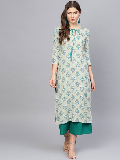 Women Green & Grey Printed Kurta With Palazzos | LASVINI - Redefining Indian Fashion with Elegance