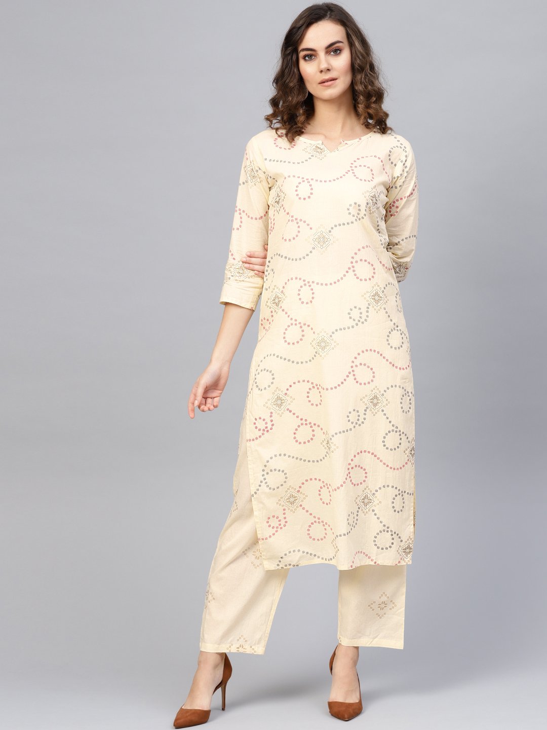 Women Cream-Coloured & Red Printed Kurta With Trousers | LASVINI - Redefining Indian Fashion with Elegance