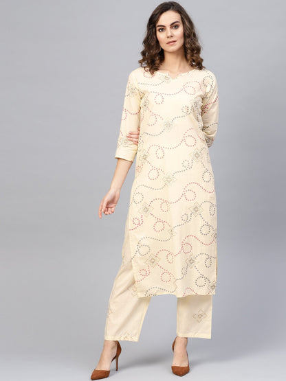 Women Cream-Coloured & Red Printed Kurta With Trousers | LASVINI - Redefining Indian Fashion with Elegance