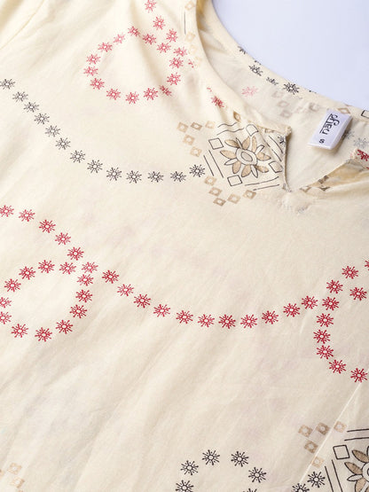 Women Cream-Coloured & Red Printed Kurta With Trousers | LASVINI - Redefining Indian Fashion with Elegance