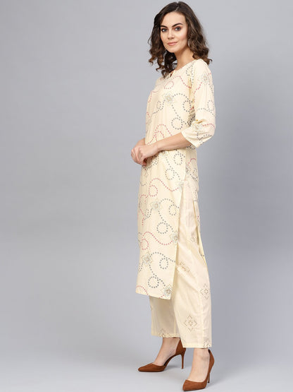 Women Cream-Coloured & Red Printed Kurta With Trousers | LASVINI - Redefining Indian Fashion with Elegance