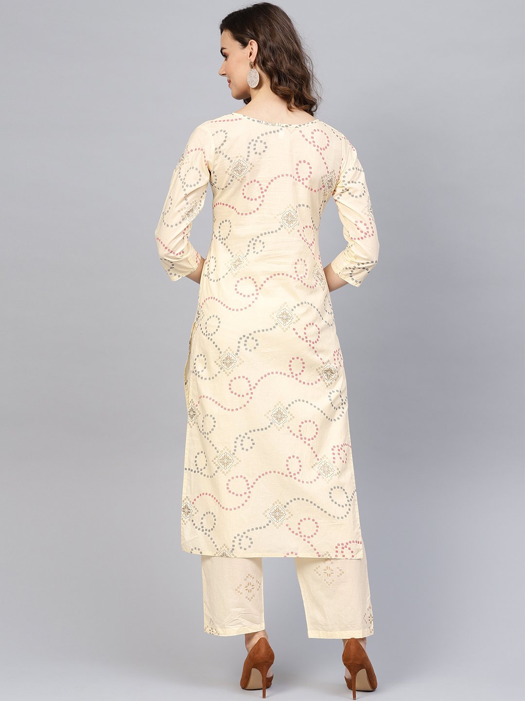 Women Cream-Coloured & Red Printed Kurta With Trousers | LASVINI - Redefining Indian Fashion with Elegance