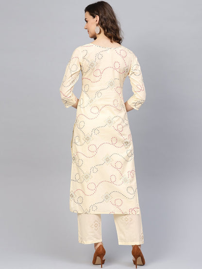Women Cream-Coloured & Red Printed Kurta With Trousers | LASVINI - Redefining Indian Fashion with Elegance