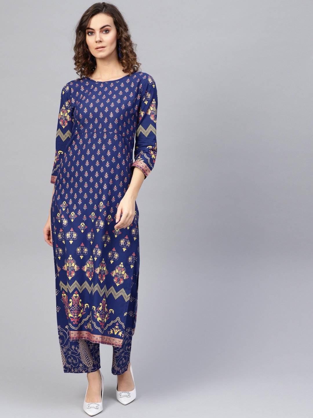 Women Blue & Golden Printed Kurta With Trousers | LASVINI - Redefining Indian Fashion with Elegance
