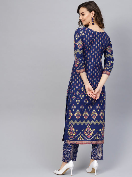 Women Blue & Golden Printed Kurta With Trousers | LASVINI - Redefining Indian Fashion with Elegance