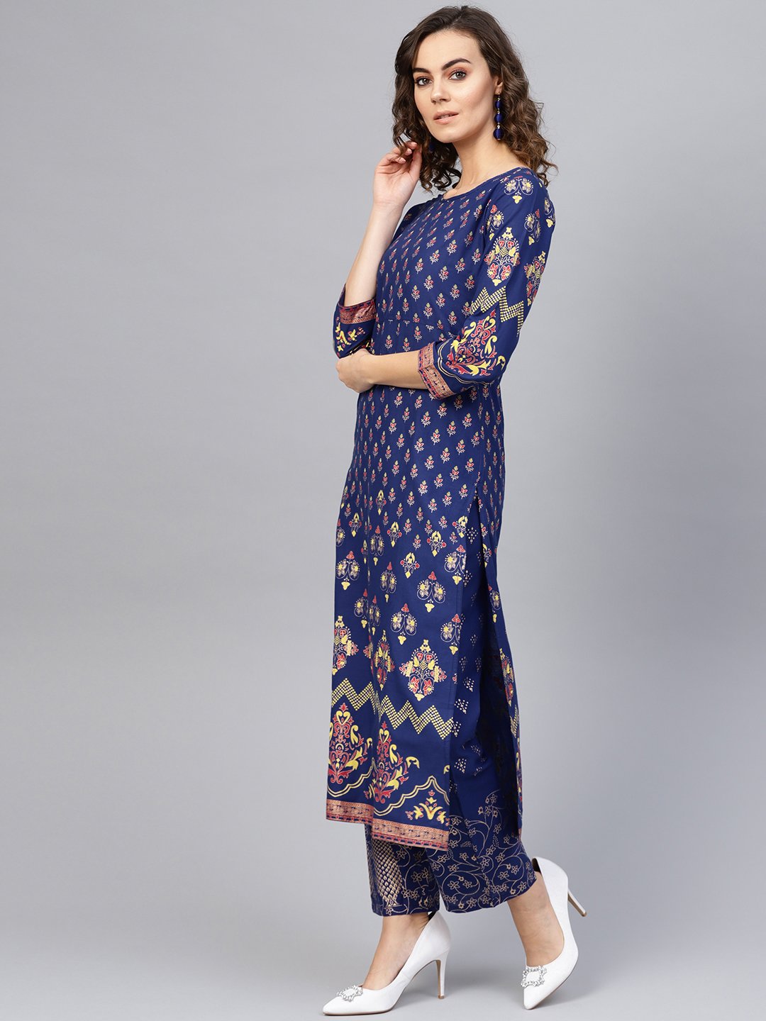 Women Blue & Golden Printed Kurta With Trousers | LASVINI - Redefining Indian Fashion with Elegance