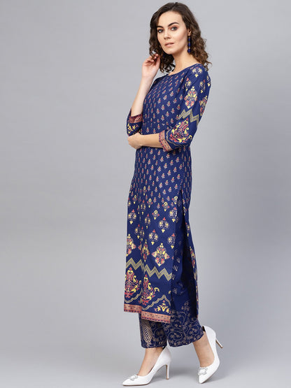 Women Blue & Golden Printed Kurta With Trousers | LASVINI - Redefining Indian Fashion with Elegance