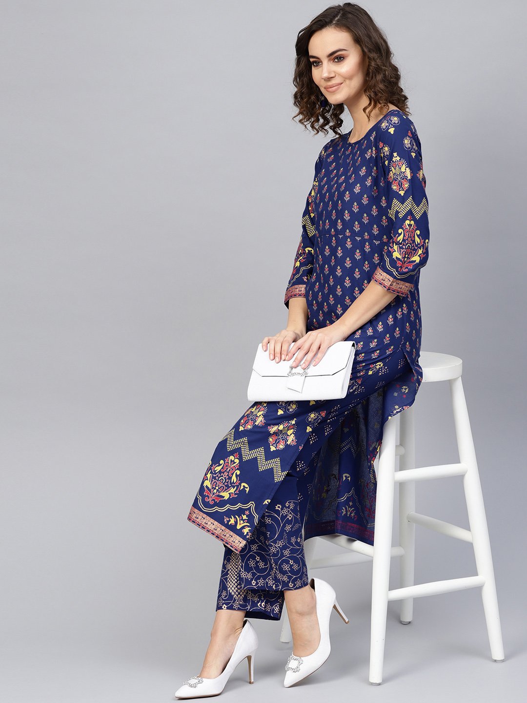 Women Blue & Golden Printed Kurta With Trousers | LASVINI - Redefining Indian Fashion with Elegance