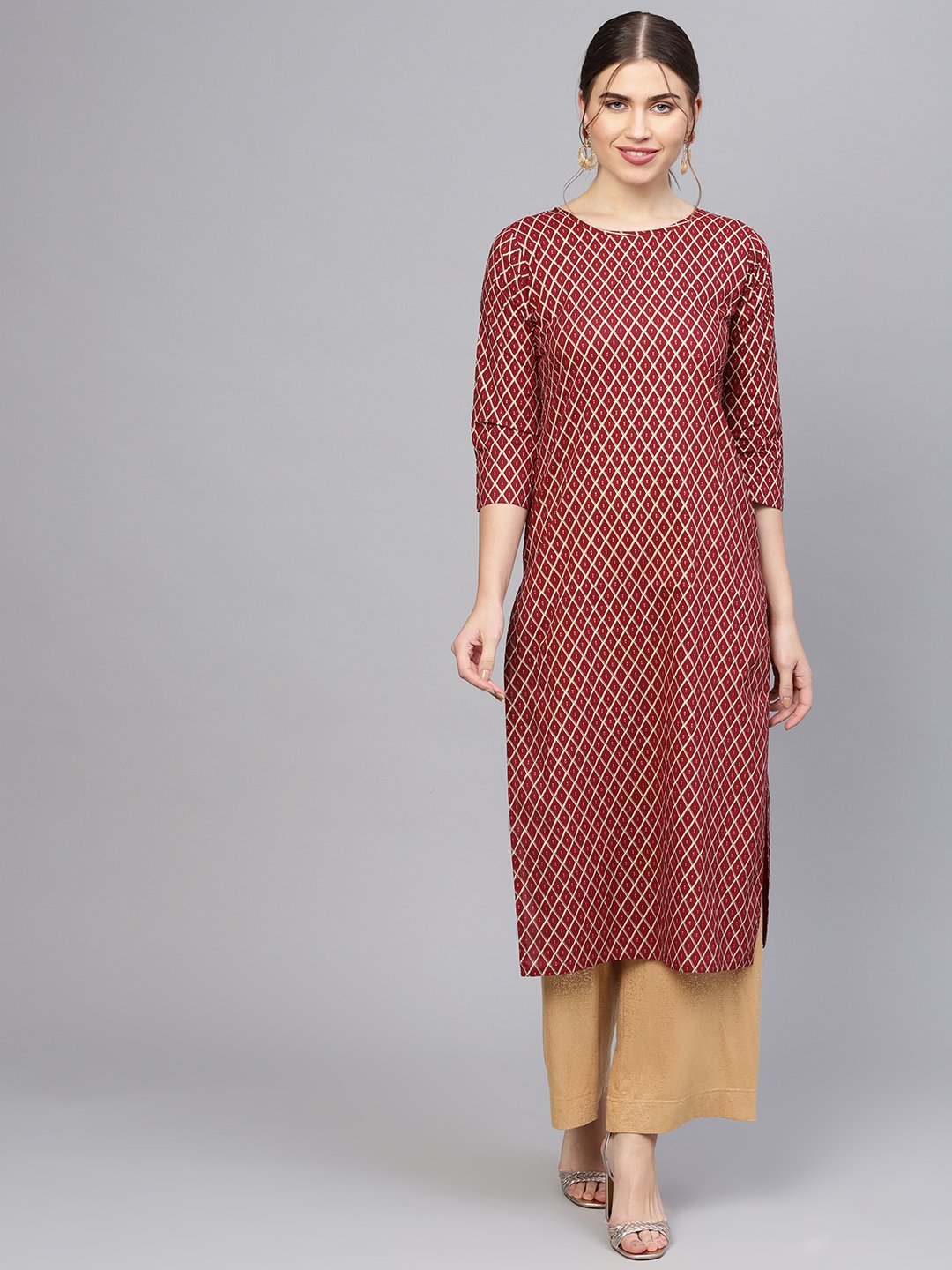 Women Maroon & Golden Printed Straight Kurta | LASVINI - Redefining Indian Fashion with Elegance