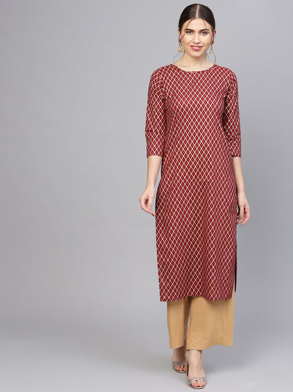 Women Maroon & Golden Printed Straight Kurta | LASVINI - Redefining Indian Fashion with Elegance