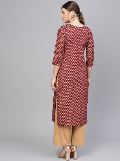Women Maroon & Golden Printed Straight Kurta | LASVINI - Redefining Indian Fashion with Elegance