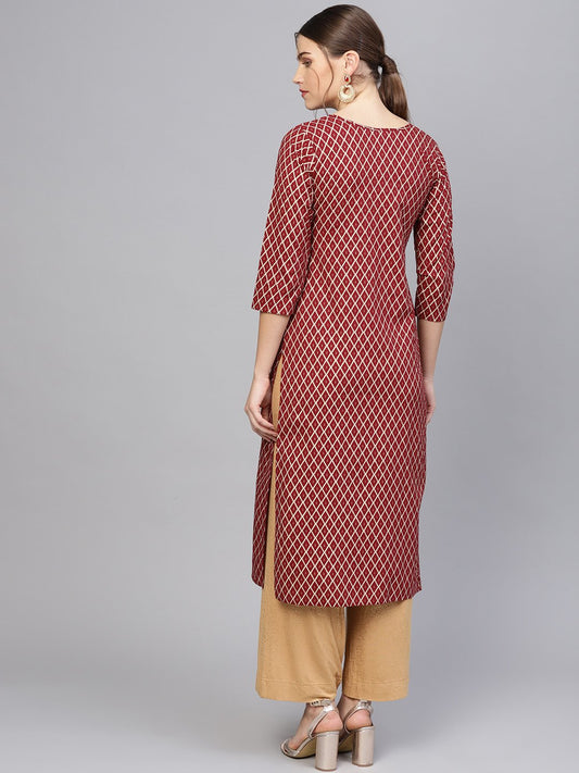 Women Maroon & Golden Printed Straight Kurta | LASVINI - Redefining Indian Fashion with Elegance