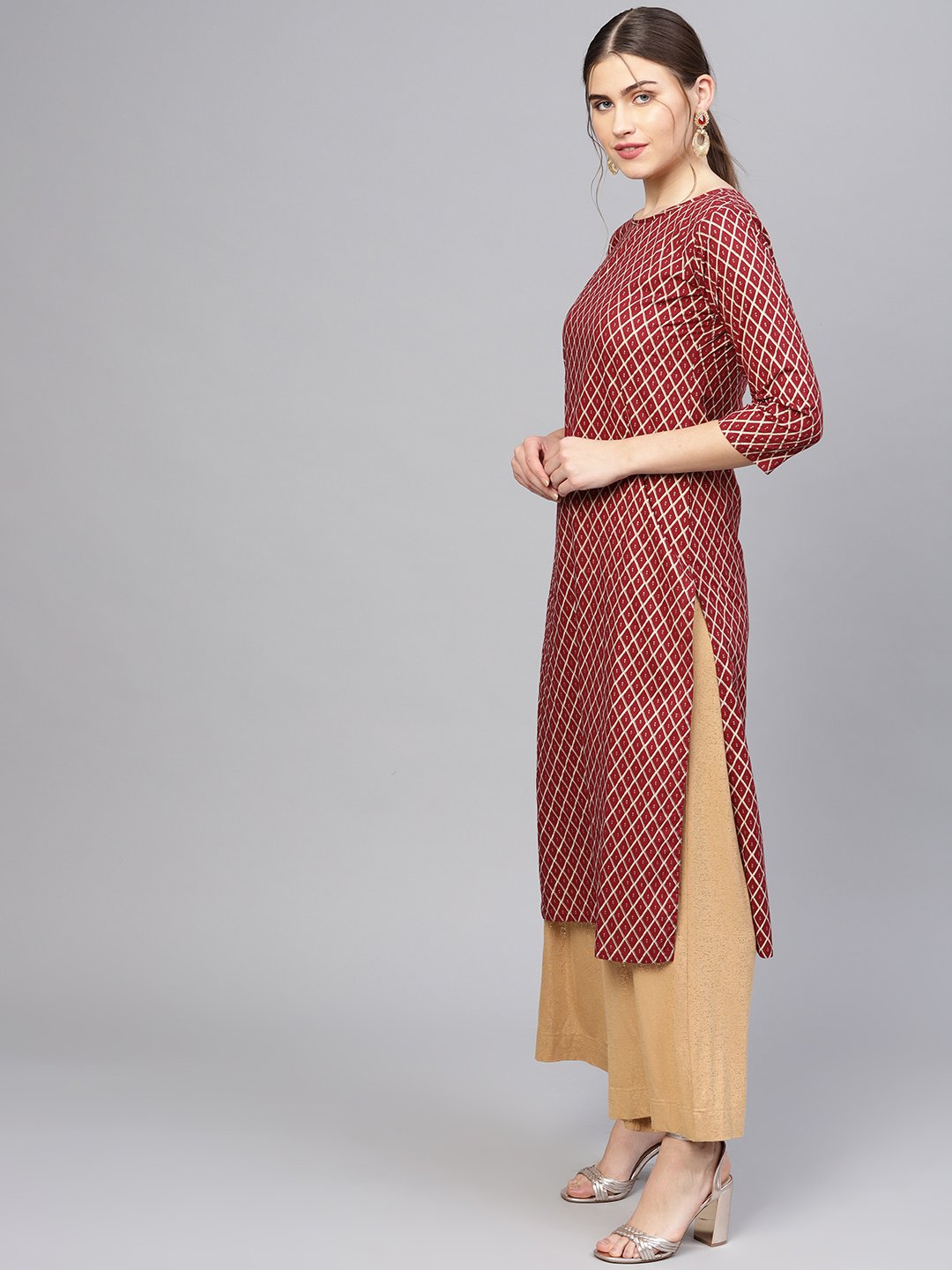 Women Maroon & Golden Printed Straight Kurta | LASVINI - Redefining Indian Fashion with Elegance