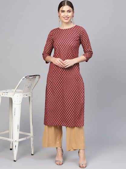 Women Maroon & Golden Printed Straight Kurta | LASVINI - Redefining Indian Fashion with Elegance
