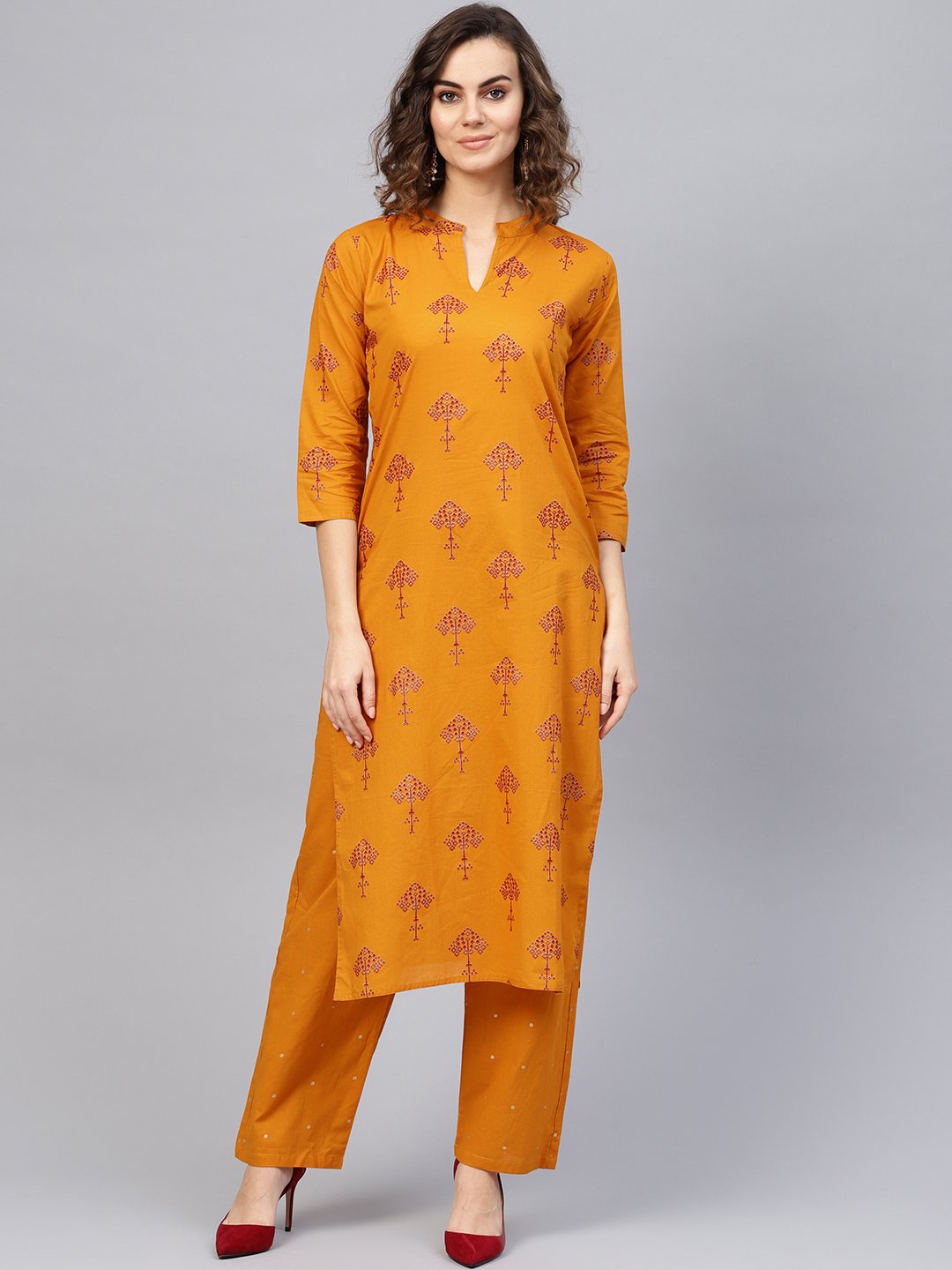 Women Mustard Yellow & Red Printed Kurta With Trousers | LASVINI - Redefining Indian Fashion with Elegance