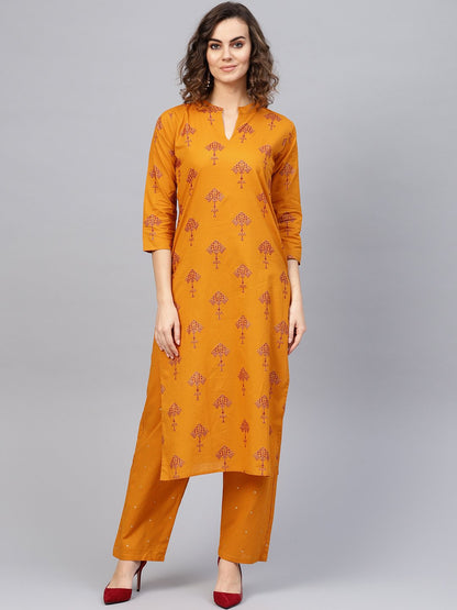 Women Mustard Yellow & Red Printed Kurta With Trousers | LASVINI - Redefining Indian Fashion with Elegance