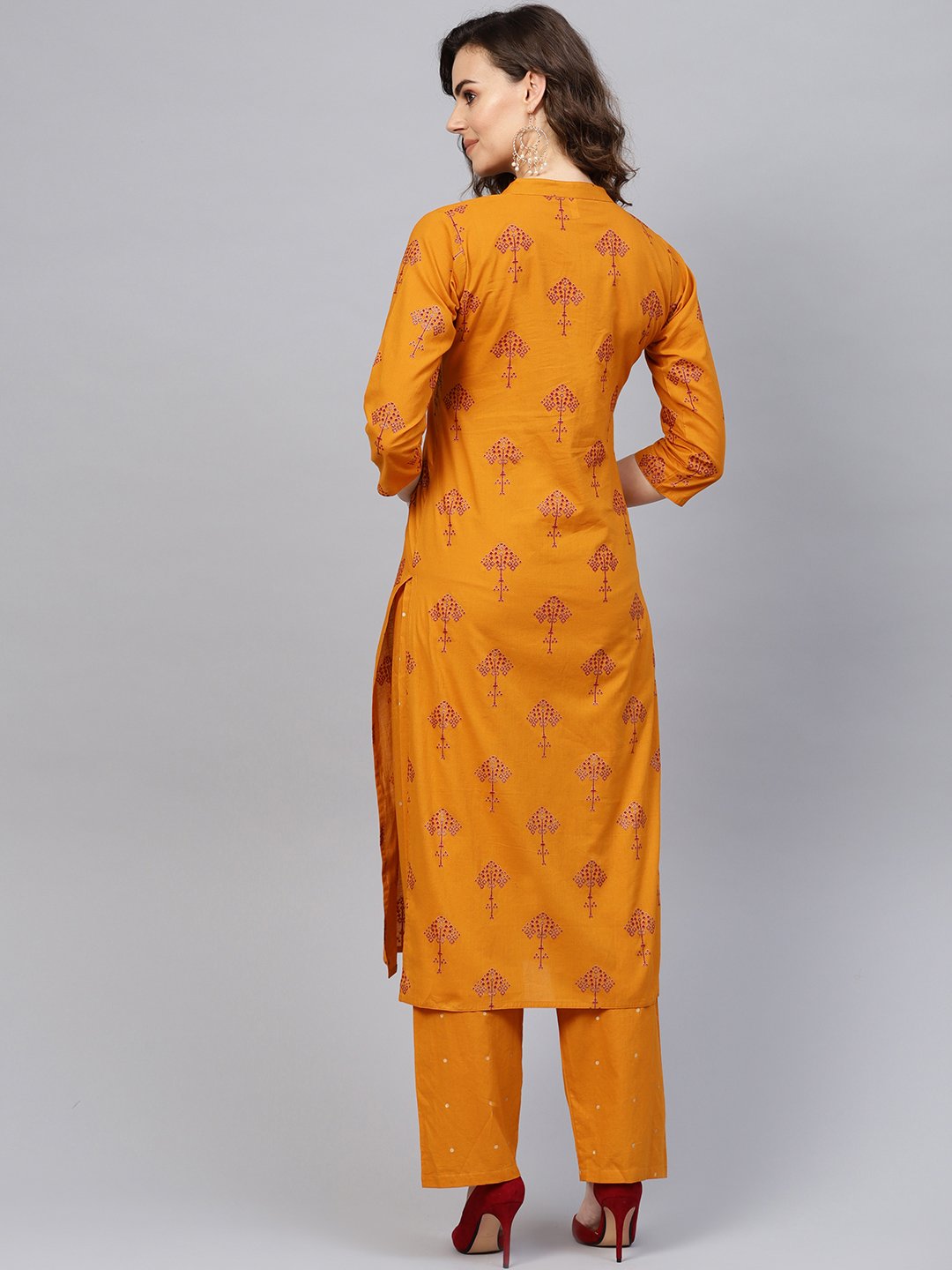Women Mustard Yellow & Red Printed Kurta With Trousers | LASVINI - Redefining Indian Fashion with Elegance