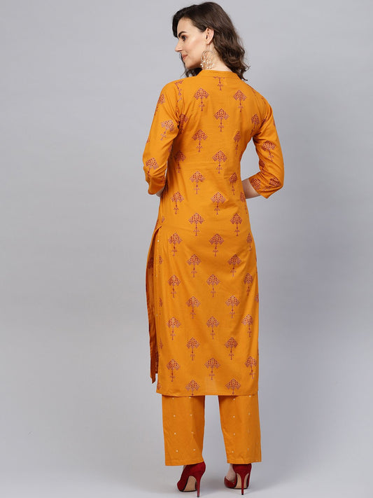 Women Mustard Yellow & Red Printed Kurta With Trousers | LASVINI - Redefining Indian Fashion with Elegance
