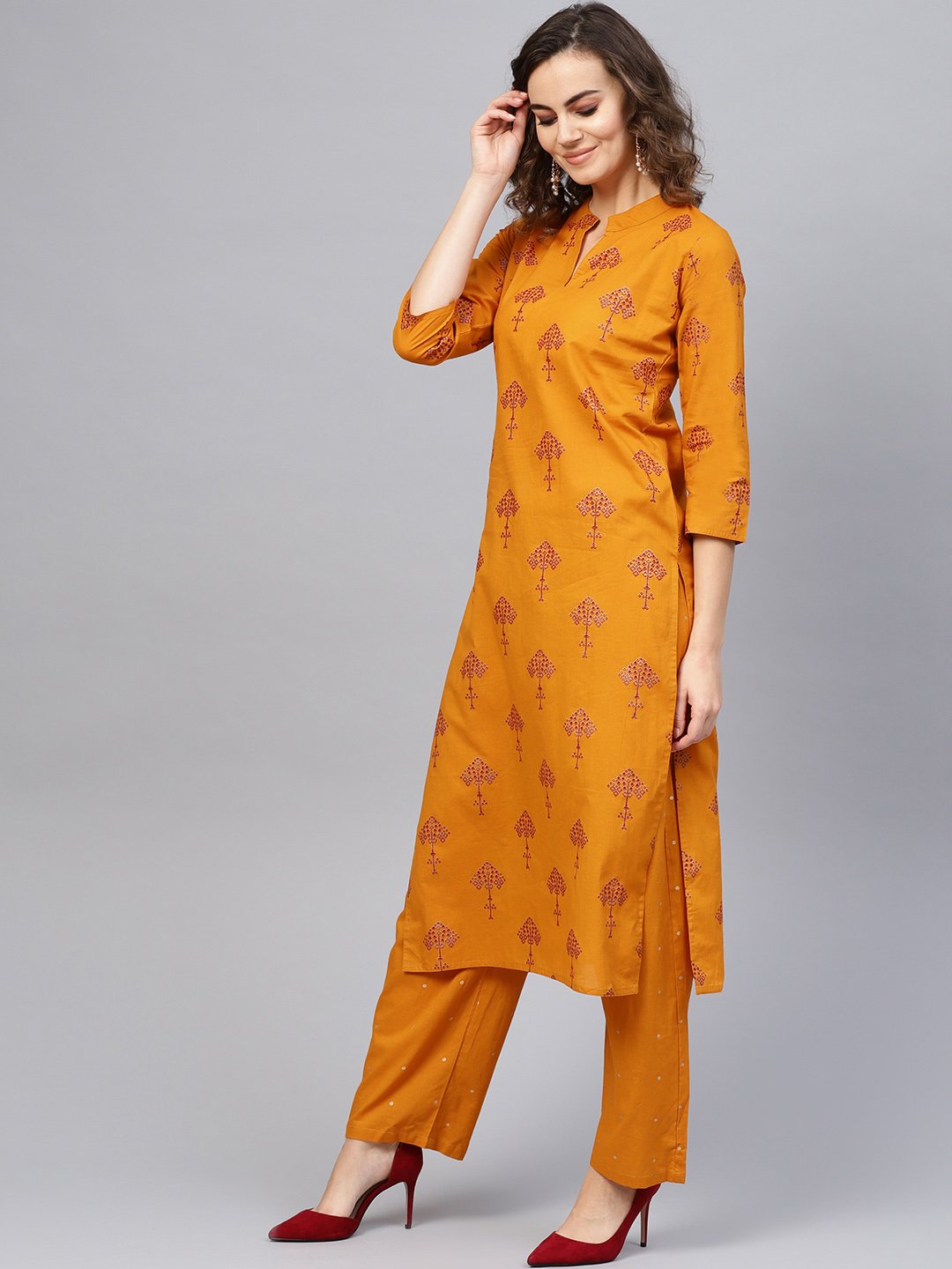Women Mustard Yellow & Red Printed Kurta With Trousers | LASVINI - Redefining Indian Fashion with Elegance