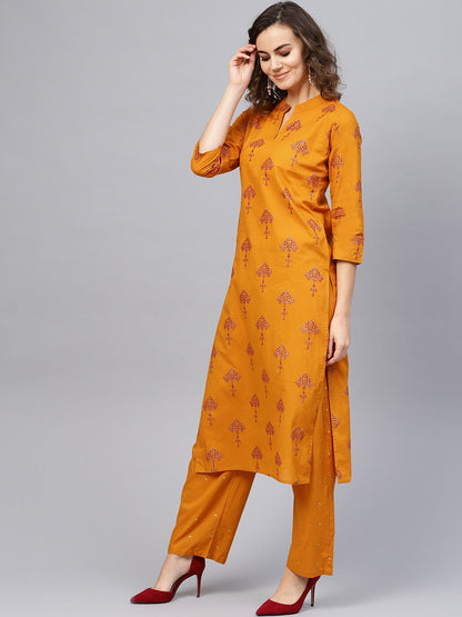 Women Mustard Yellow & Red Printed Kurta With Trousers | LASVINI - Redefining Indian Fashion with Elegance