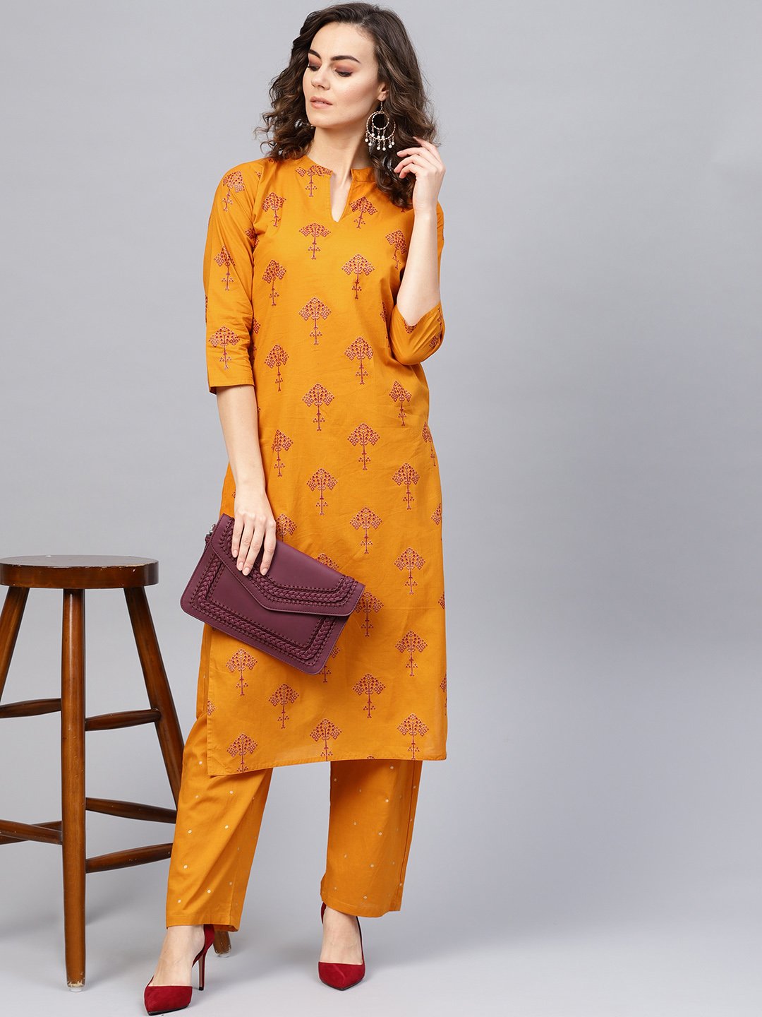 Women Mustard Yellow & Red Printed Kurta With Trousers | LASVINI - Redefining Indian Fashion with Elegance