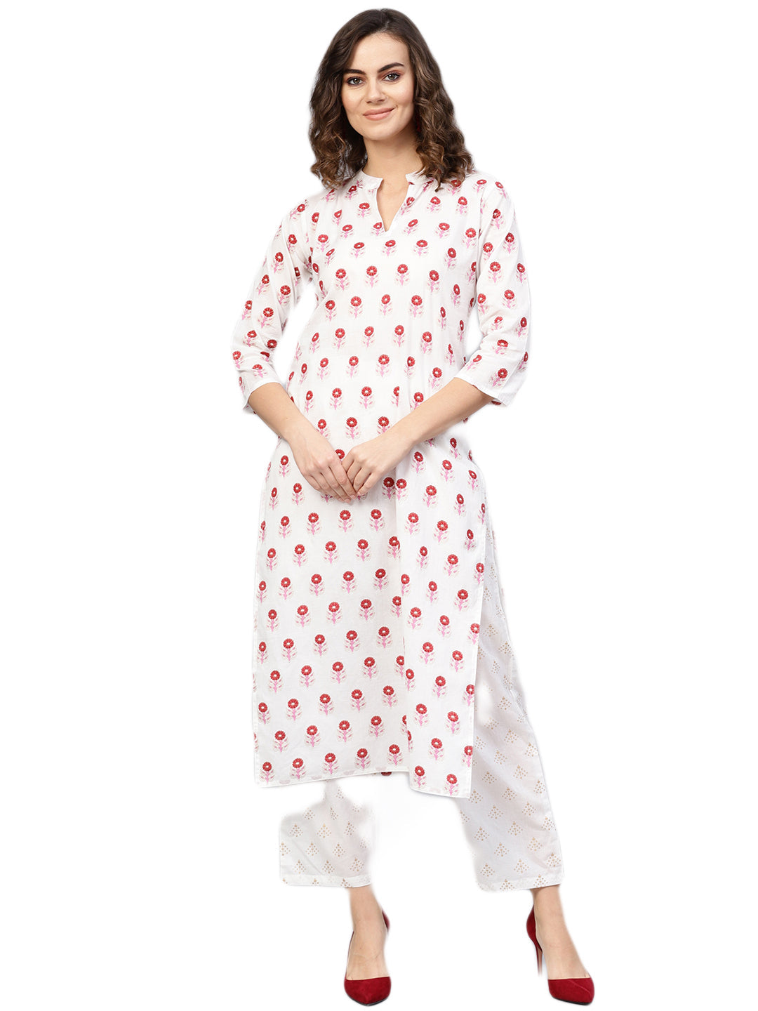 Women White & Red Printed Kurta With Trousers | LASVINI - Redefining Indian Fashion with Elegance