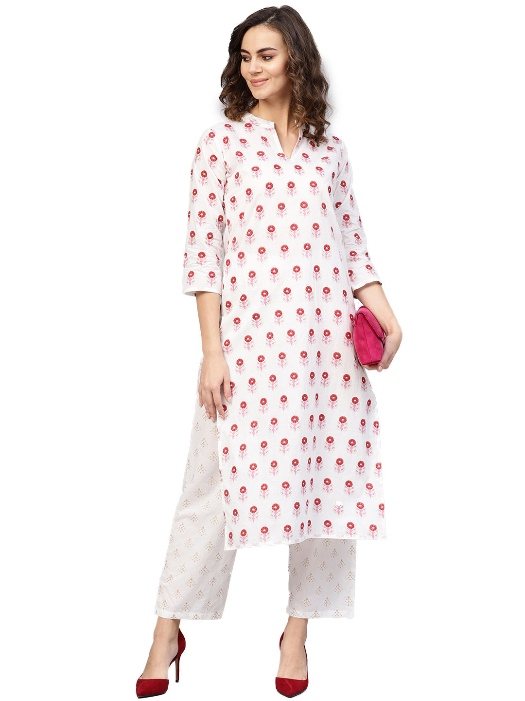 Women White & Red Printed Kurta With Trousers | LASVINI - Redefining Indian Fashion with Elegance