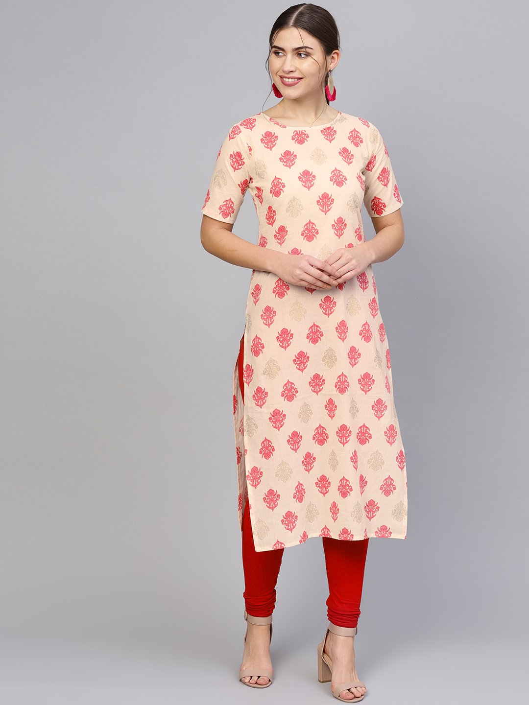 Women Cream-Coloured & Pink Printed Straight Kurta | LASVINI - Redefining Indian Fashion with Elegance