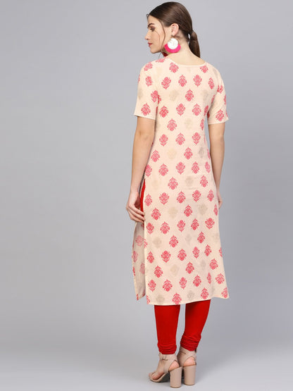 Women Cream-Coloured & Pink Printed Straight Kurta | LASVINI - Redefining Indian Fashion with Elegance