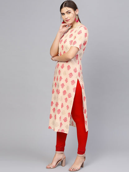 Women Cream-Coloured & Pink Printed Straight Kurta | LASVINI - Redefining Indian Fashion with Elegance