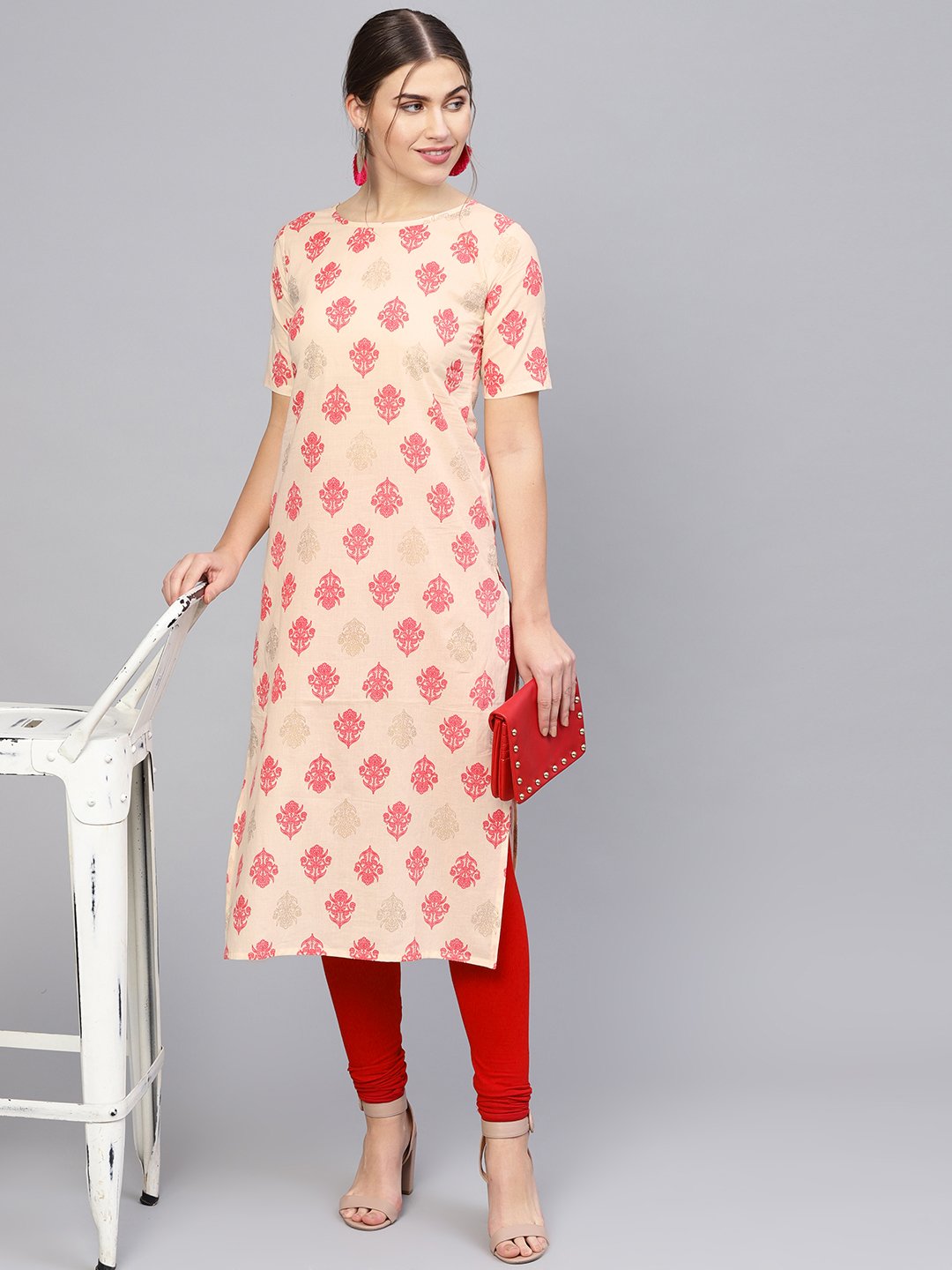 Women Cream-Coloured & Pink Printed Straight Kurta | LASVINI - Redefining Indian Fashion with Elegance