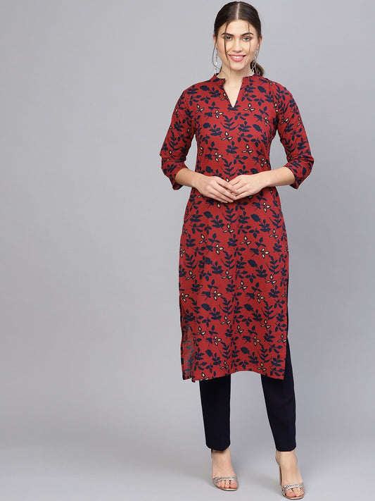 Women Maroon & Navy Blue Printed Straight Kurta | LASVINI - Redefining Indian Fashion with Elegance