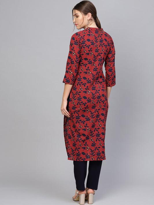 Women Maroon & Navy Blue Printed Straight Kurta | LASVINI - Redefining Indian Fashion with Elegance