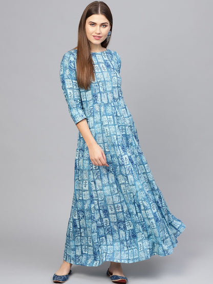 Women Blue Printed Maxi Dress | LASVINI - Redefining Indian Fashion with Elegance