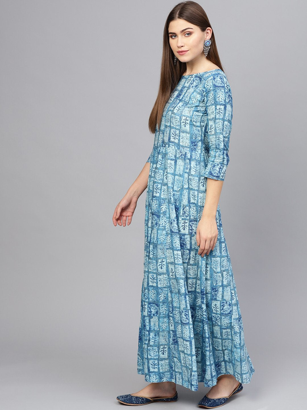 Women Blue Printed Maxi Dress | LASVINI - Redefining Indian Fashion with Elegance