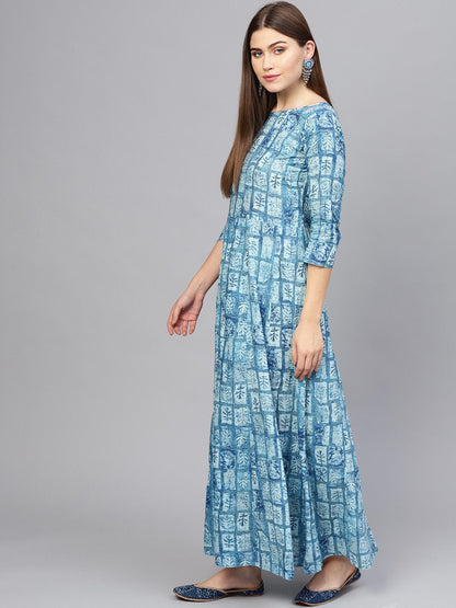 Women Blue Printed Maxi Dress | LASVINI - Redefining Indian Fashion with Elegance