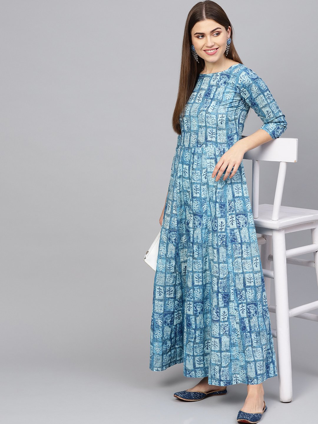 Women Blue Printed Maxi Dress | LASVINI - Redefining Indian Fashion with Elegance