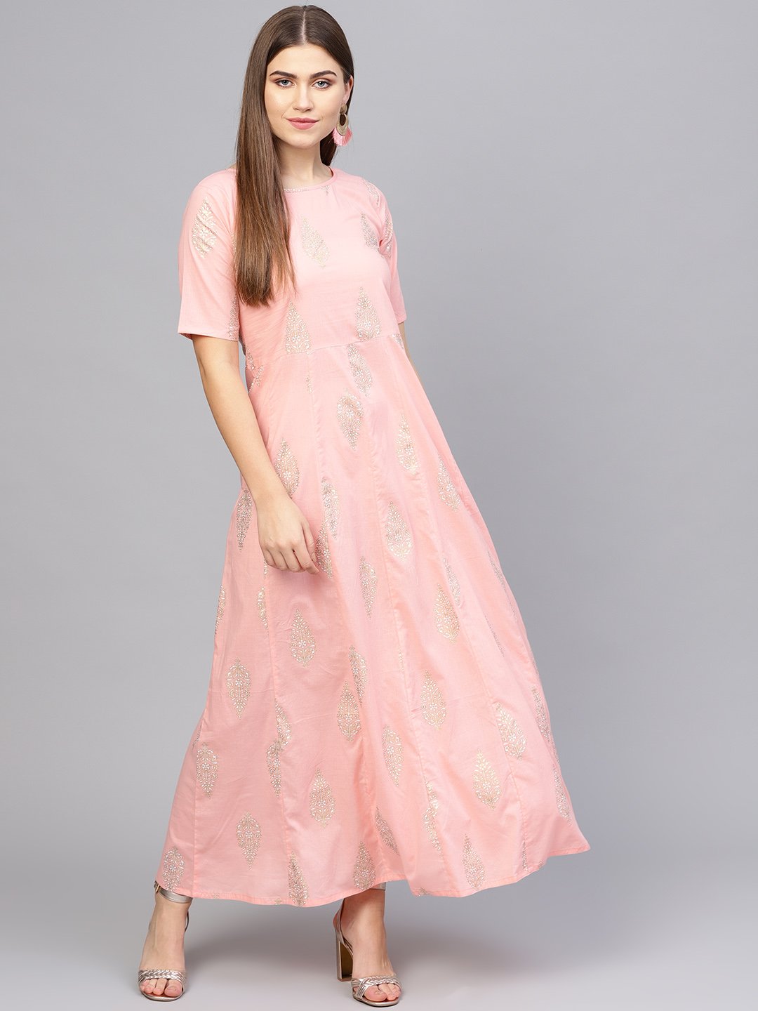 Women Pink & Golden Printed Maxi Dress | LASVINI - Redefining Indian Fashion with Elegance