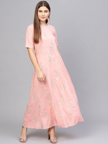 Women Pink & Golden Printed Maxi Dress | LASVINI - Redefining Indian Fashion with Elegance